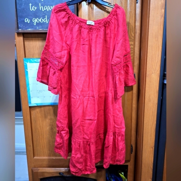 A Terzo Millennio linen Red Off-Shoulder Dress in a size small. - Picture 1 of 11